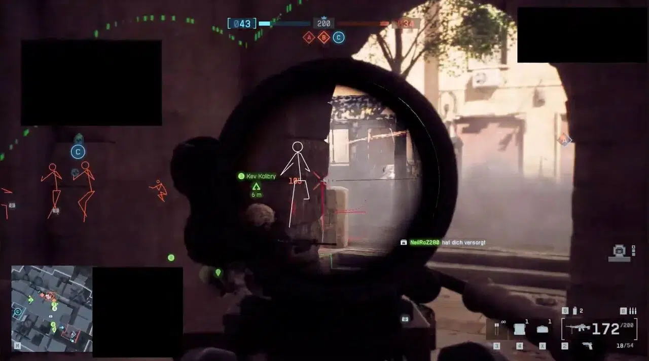 In-game aimbot settings for Battlefield 6 with FOV, smoothing, hitbox/bone selection, and visibility checks enabled