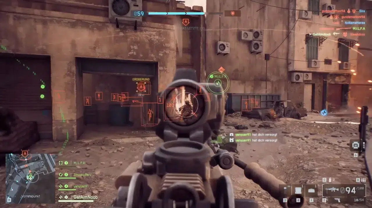 Battlefield 6 ESP overlay showing player boxes, skeletons, names, health bars, and distance indicators visible through walls