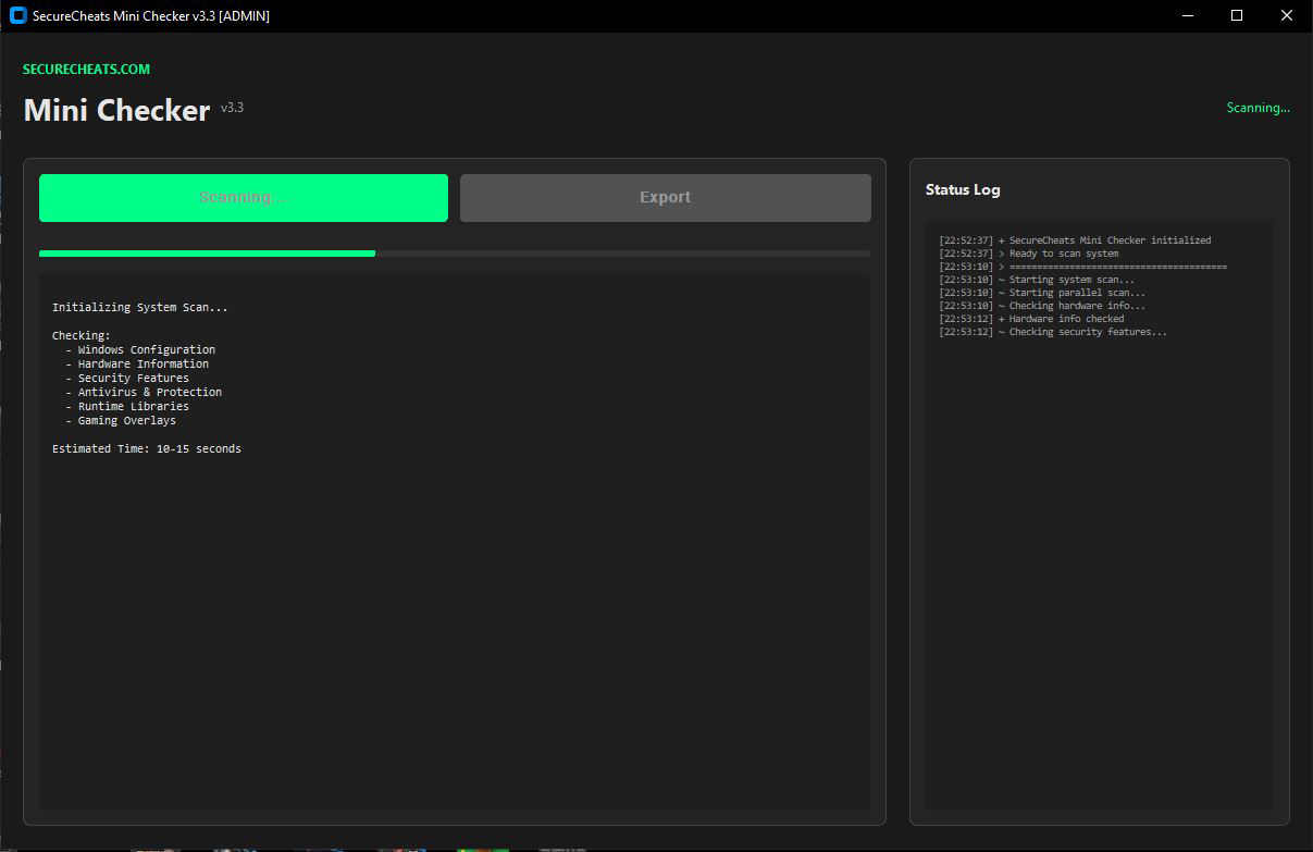 SecureCheats System Checker diagnostic report showing hardware specs, GPU drivers, security settings, and gaming overlays