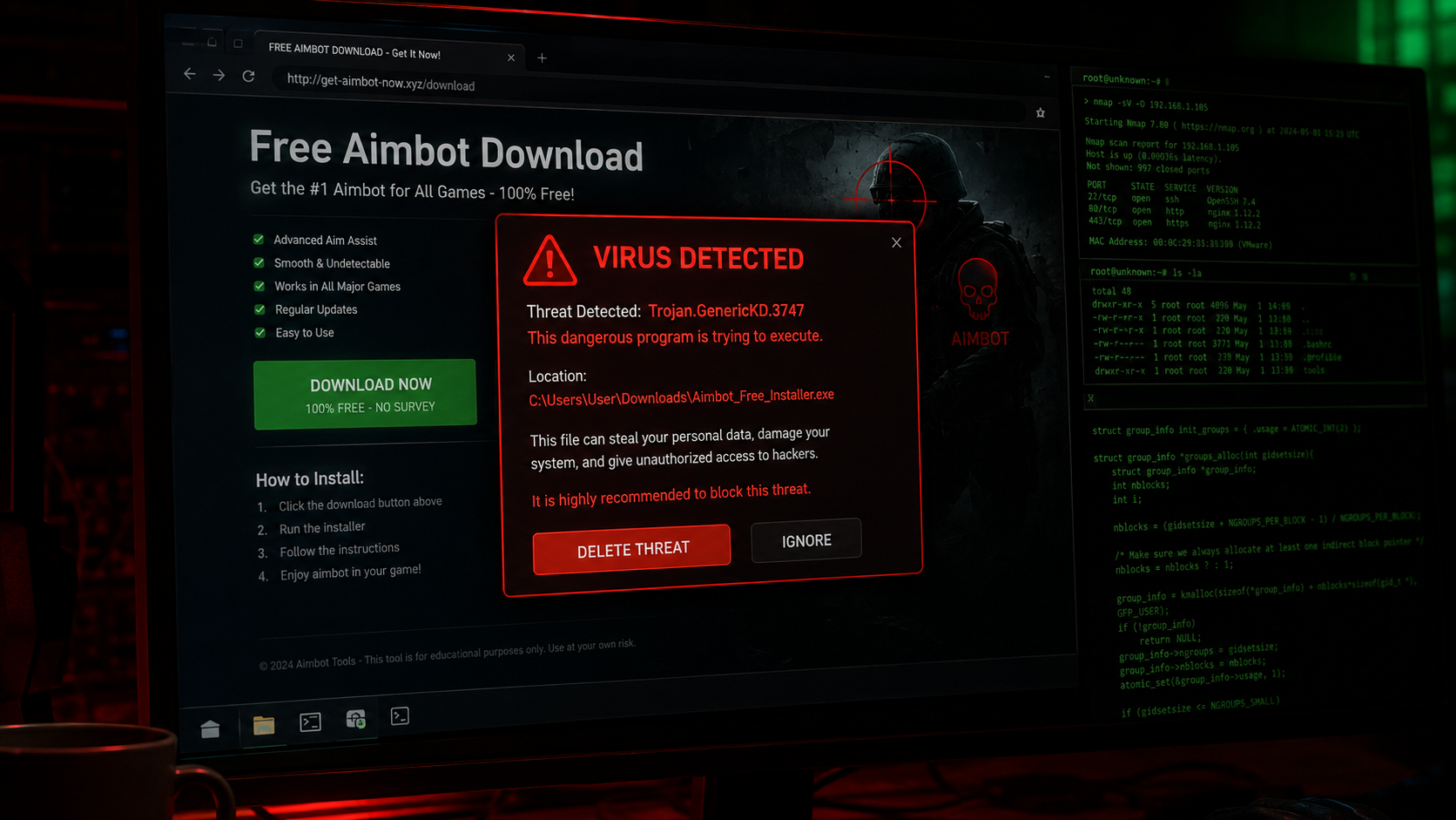 Malware warning hidden inside a free cheat download