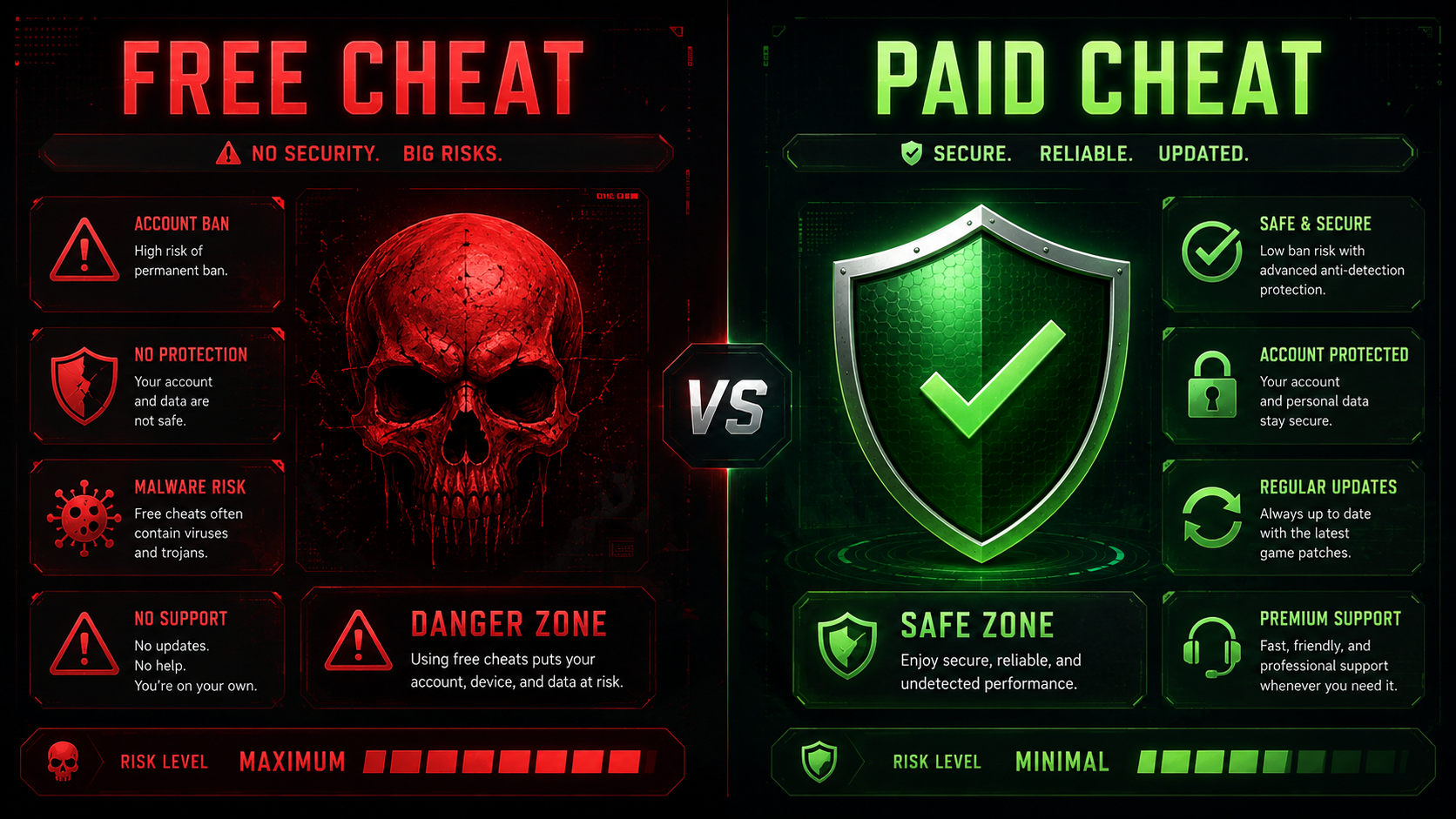 Side by side comparison of free cheat risks vs paid cheat protection