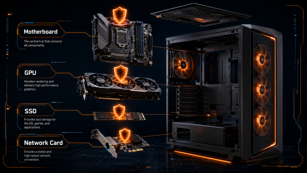 PC components changed by an HWID spoofer — motherboard, GPU, SSD, network card